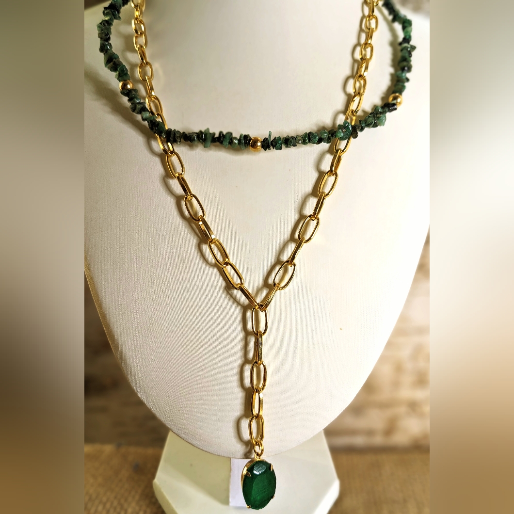 Natural Emerald Chips In 2-Strand Paperclip Necklace W/ Rough Emerald Pendant